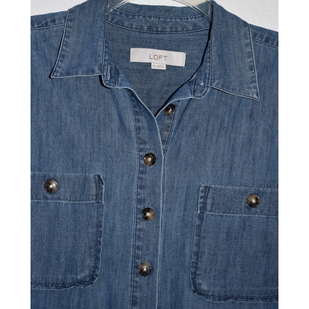Loft‎ MEDIUM Denim Chambray Blue Shirt Dress Chest Pockets Long Slv 100% Cotton - Picture 12 of 16